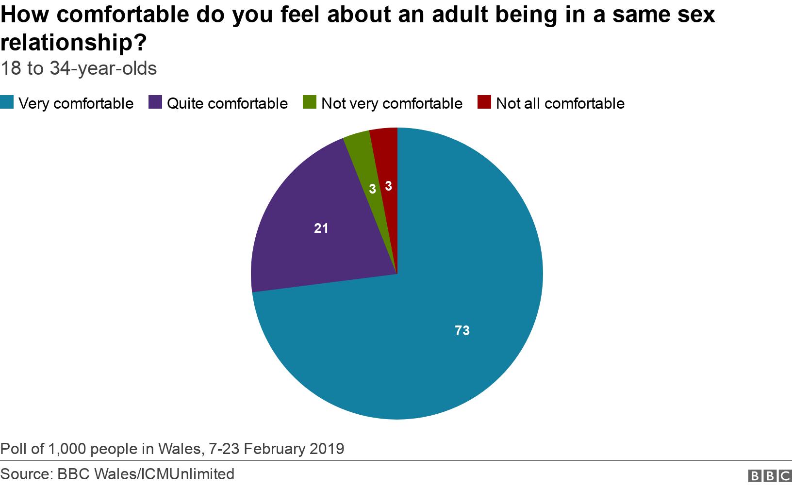 How comfortable do you feel about an adult being in a same sex relationship?. 18 to 34-year-olds.  Poll of 1,000 people in Wales, 7-23 February 2019.