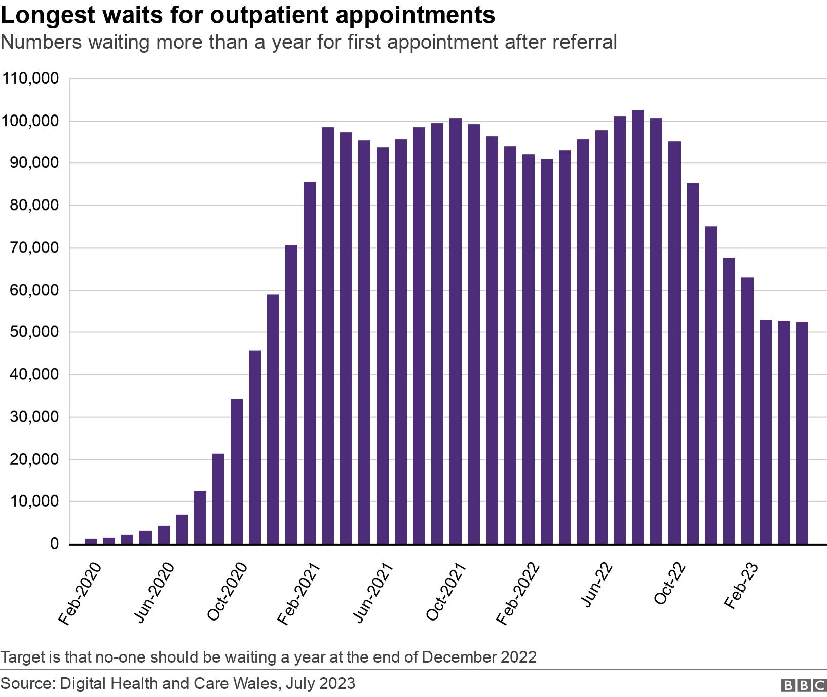 Longest waits for outpatient appointments. Numbers waiting more than a year for first appointment after referral.  Target is that no-one should be waiting a year at the end of December 2022.