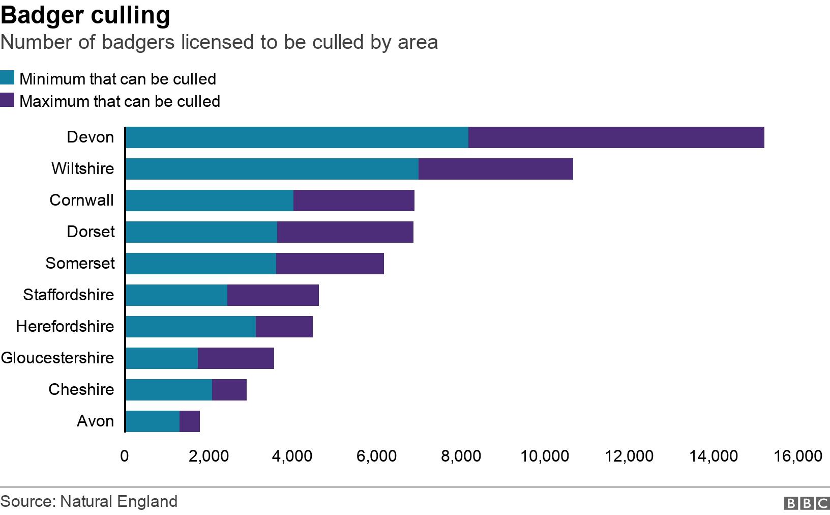 Badger culling. Number of badgers licensed to be culled by area. Number of badgers licensed to be culled by area .