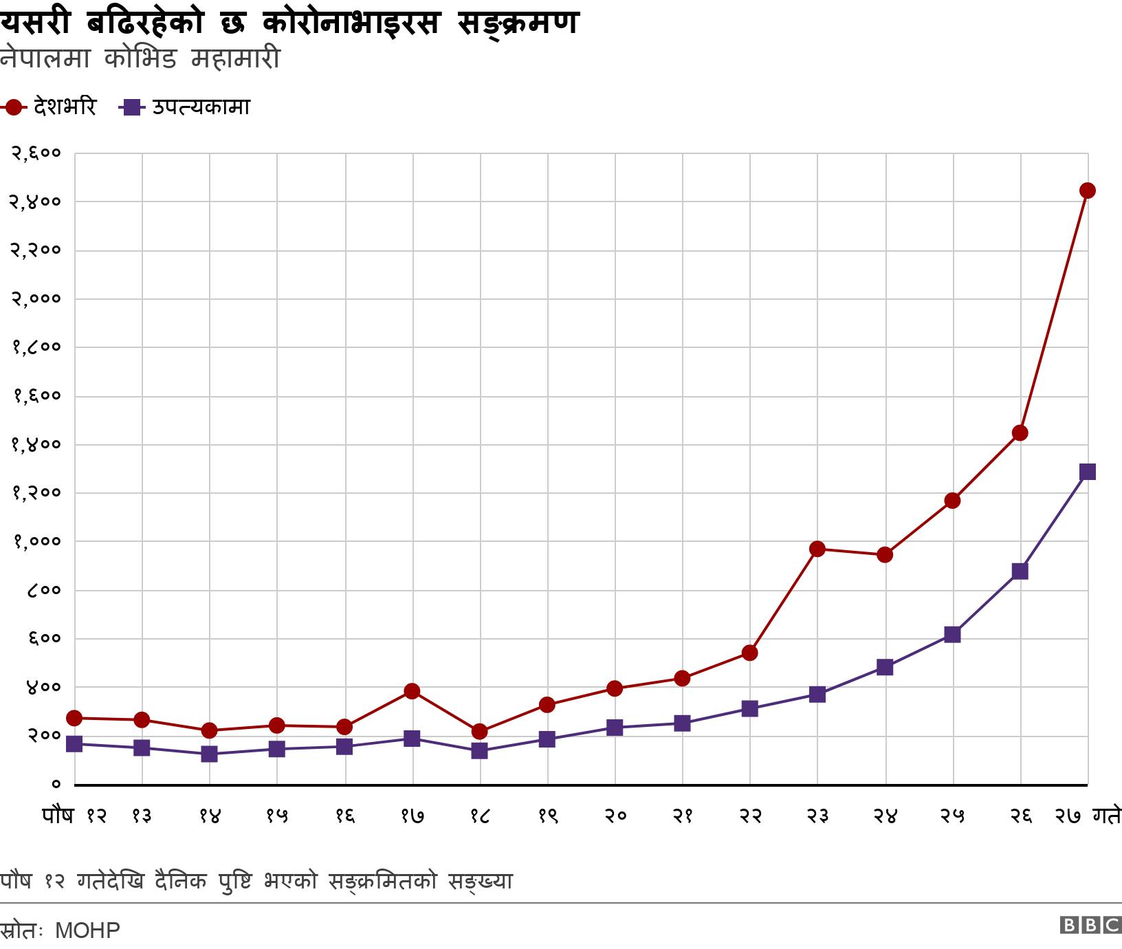यसरी बढिरहेको छ कोरोनाभाइरस सङ्क्रमण. नेपालमा कोभिड महामारी. पौष १२ गतेदेखि दैनिक पुष्टि भएको सङ्क्रमितको सङ्ख्या.