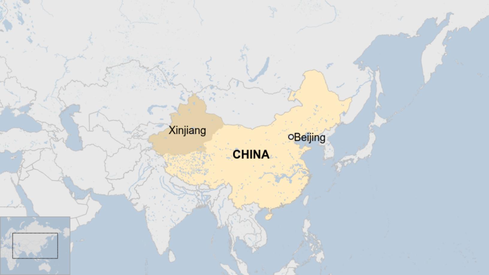 Map: Map of China showing Xinjiang region and Beijing