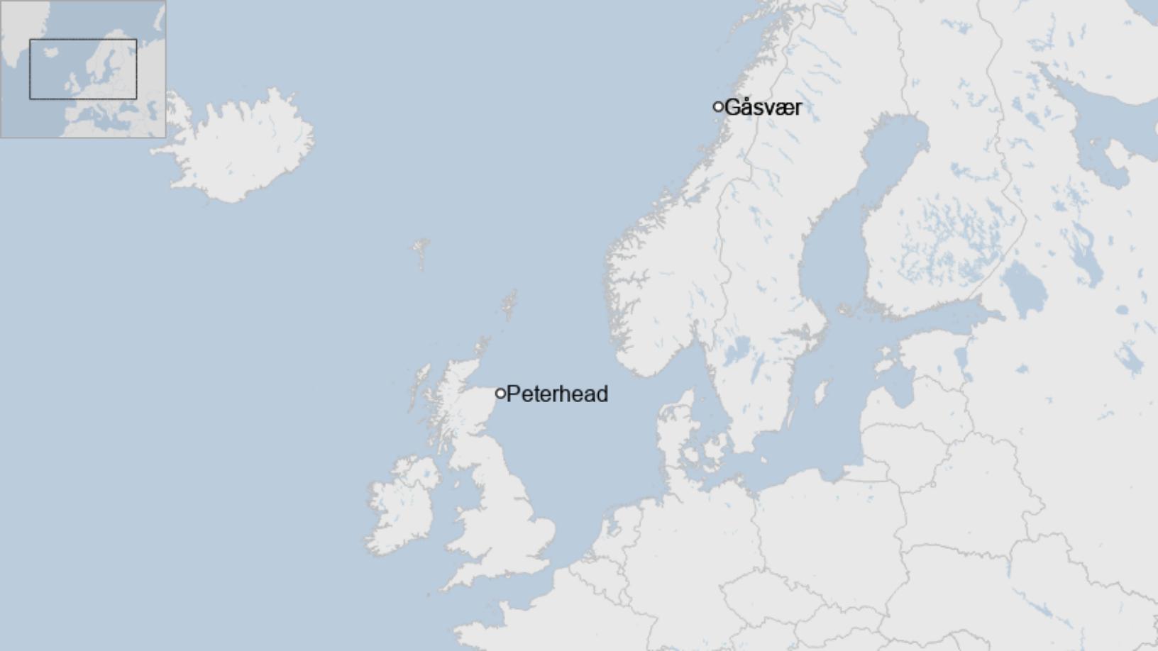 Map: Peterhead, Aberdeenshire, and Gåsværs, Norway.