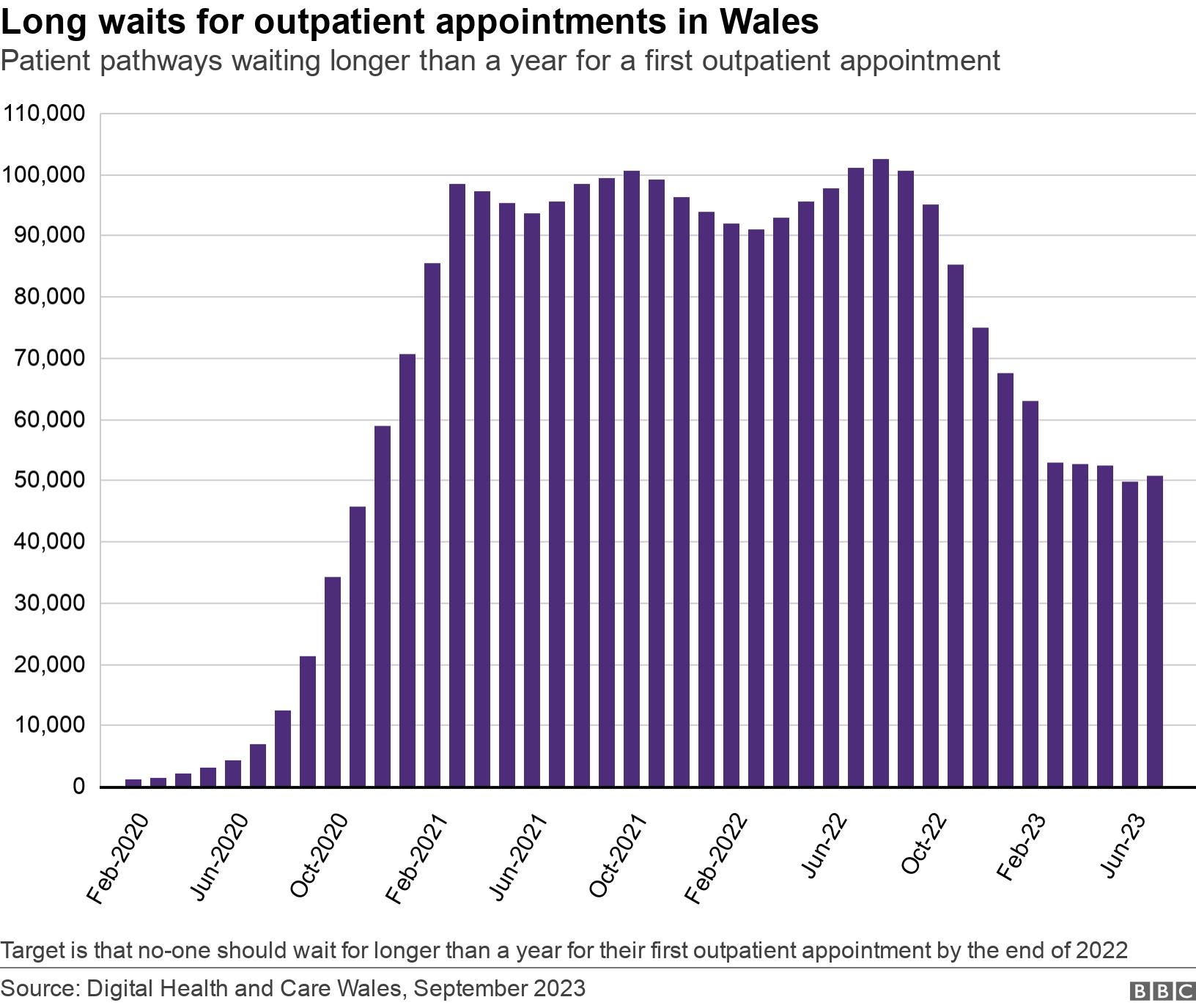 Long waits for outpatient appointments in Wales. Patient pathways waiting longer than a year for a first outpatient appointment.  Target is that no-one should wait for longer than a year for their first outpatient appointment by the end of 2022.