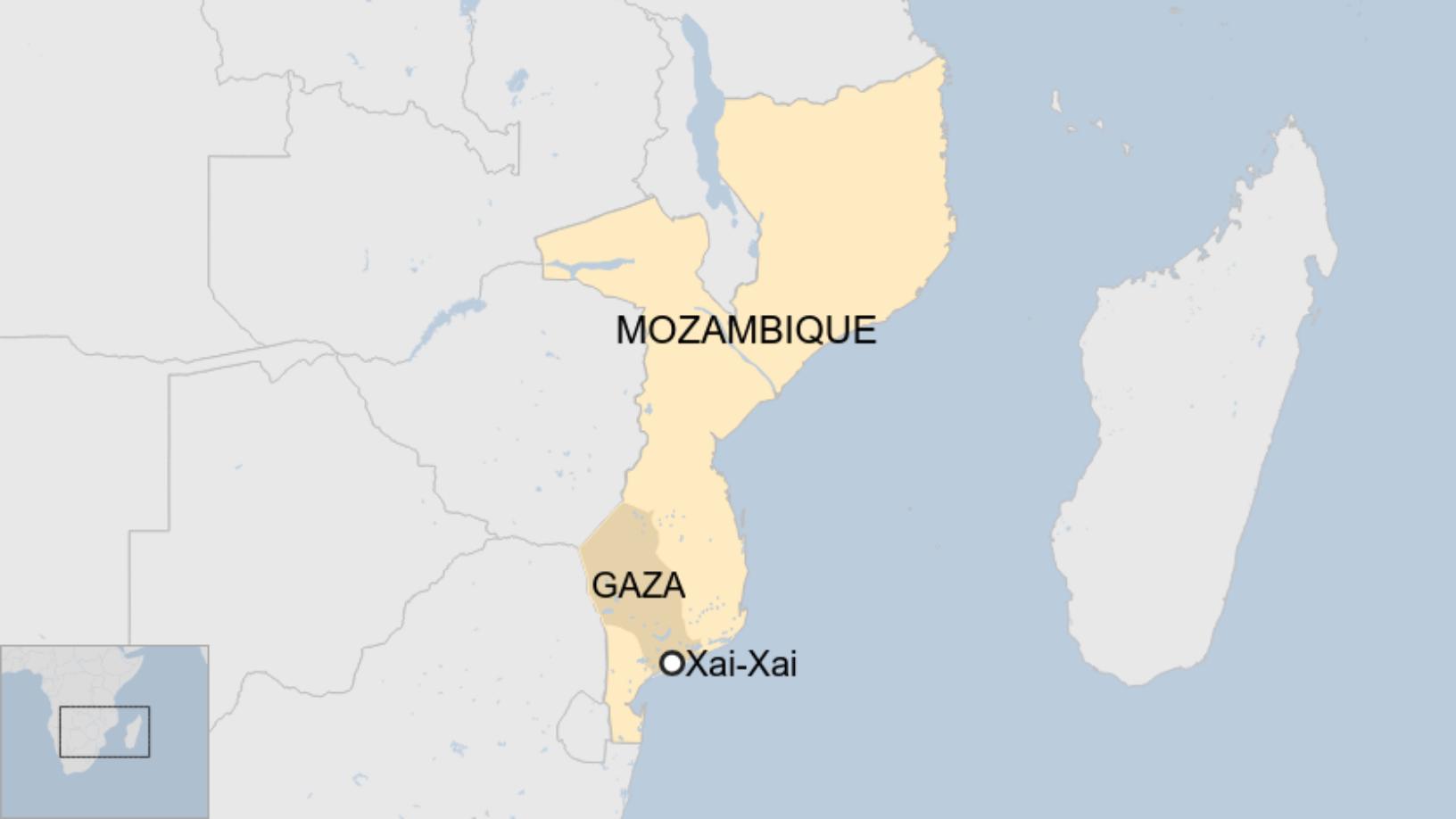 Map: A map showing the city of Xai-Xai in the southern province of Gaza in Mozambique