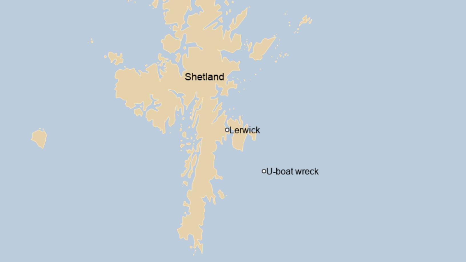 Map: A map of Shetland with Lerwick and the location of the wreck marked on it