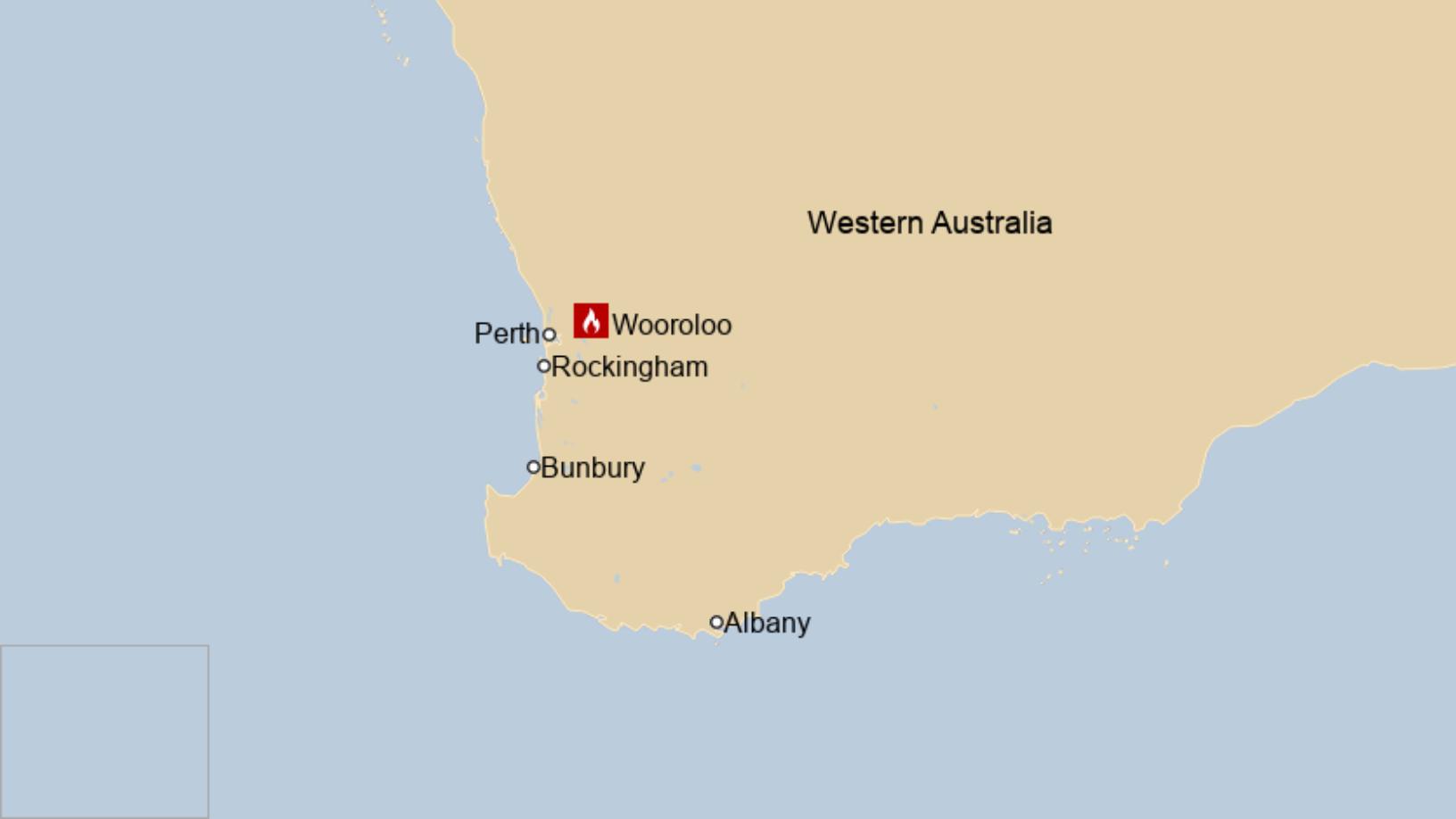 Map: A map showing where a bushfire is near Perth, Australia.