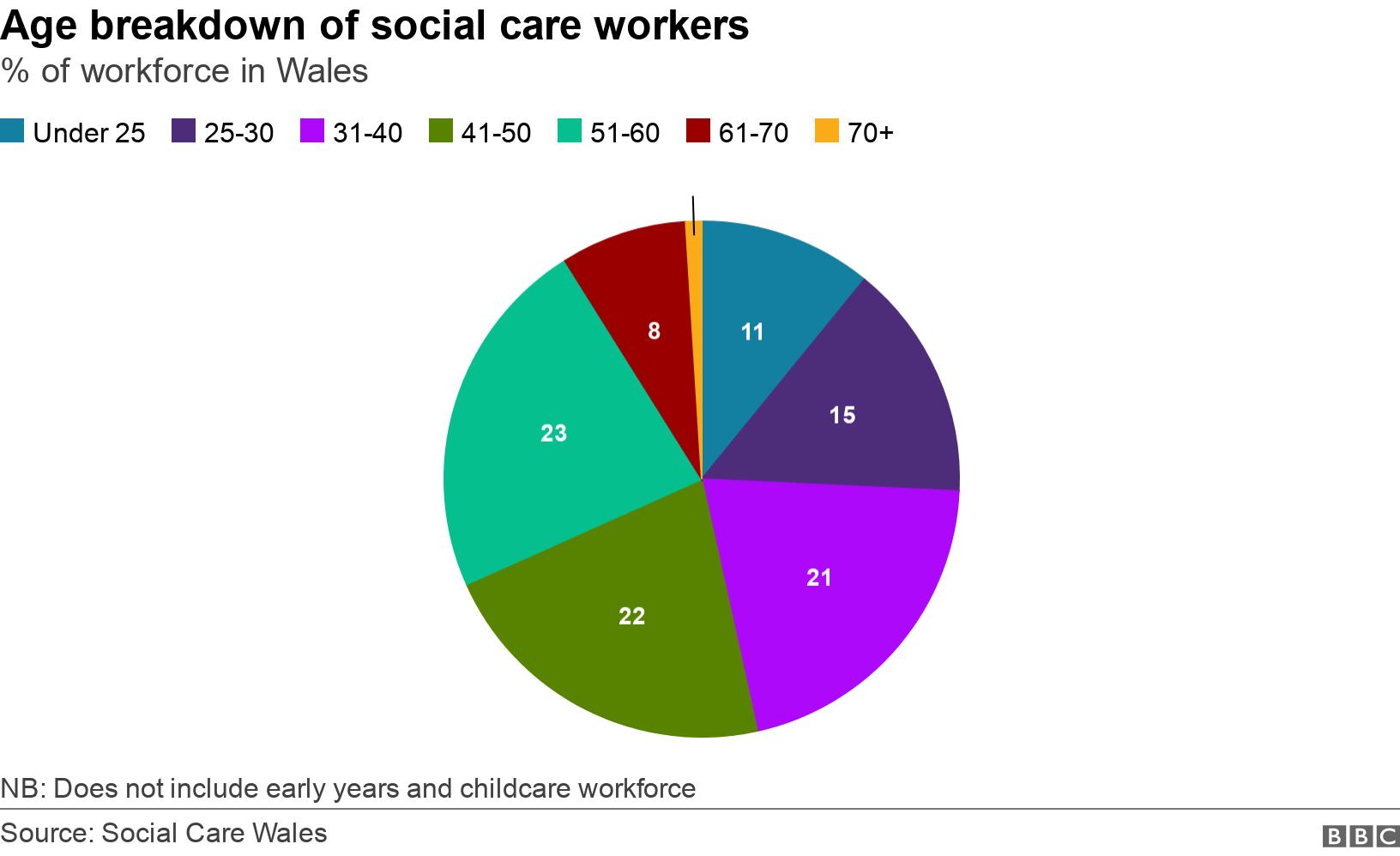 Age breakdown of social care workers. % of workforce in Wales.  NB: Does not include early years and childcare workforce.