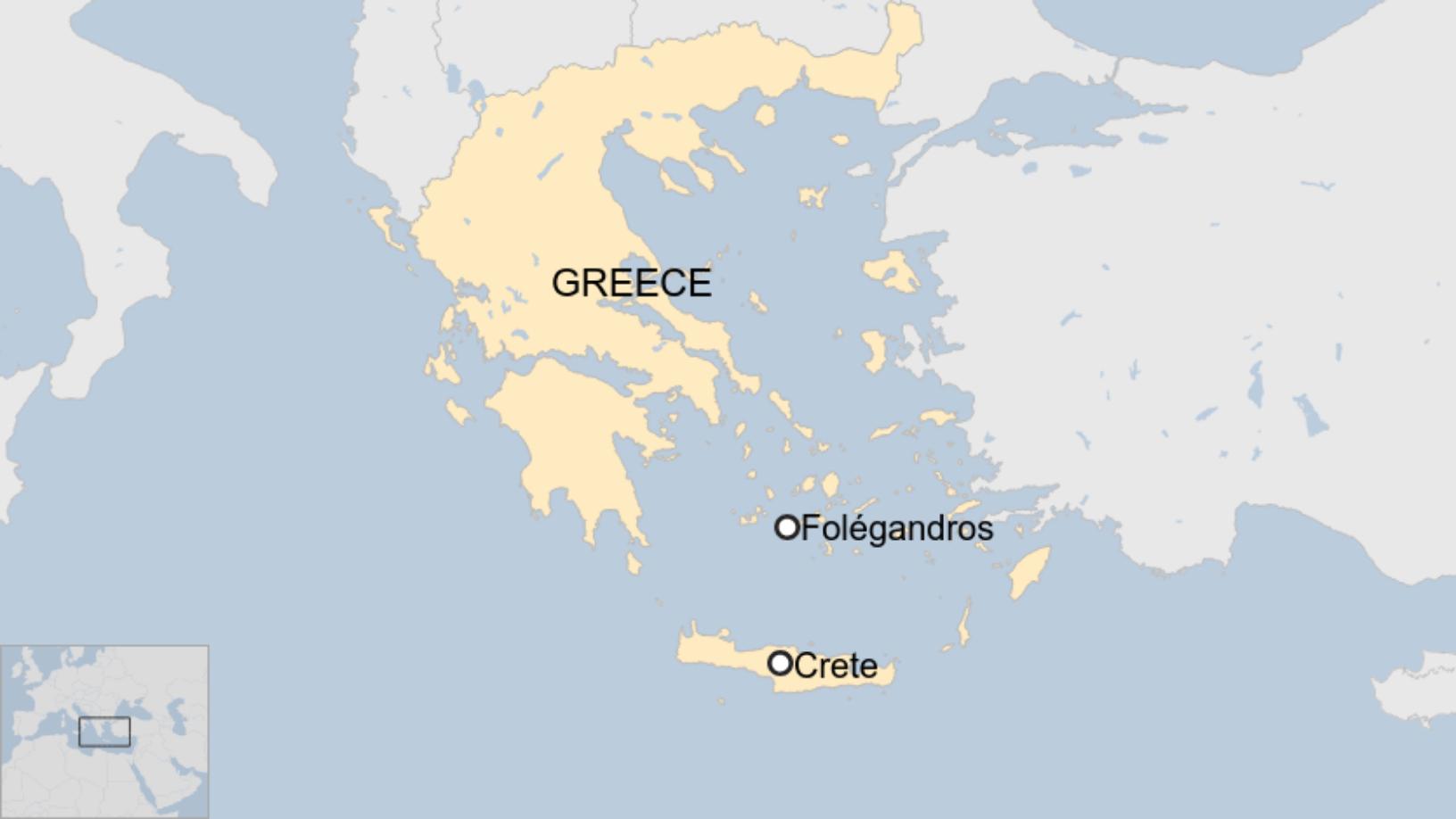 Map: A map showing where Crete and Folegandros are in Greece.