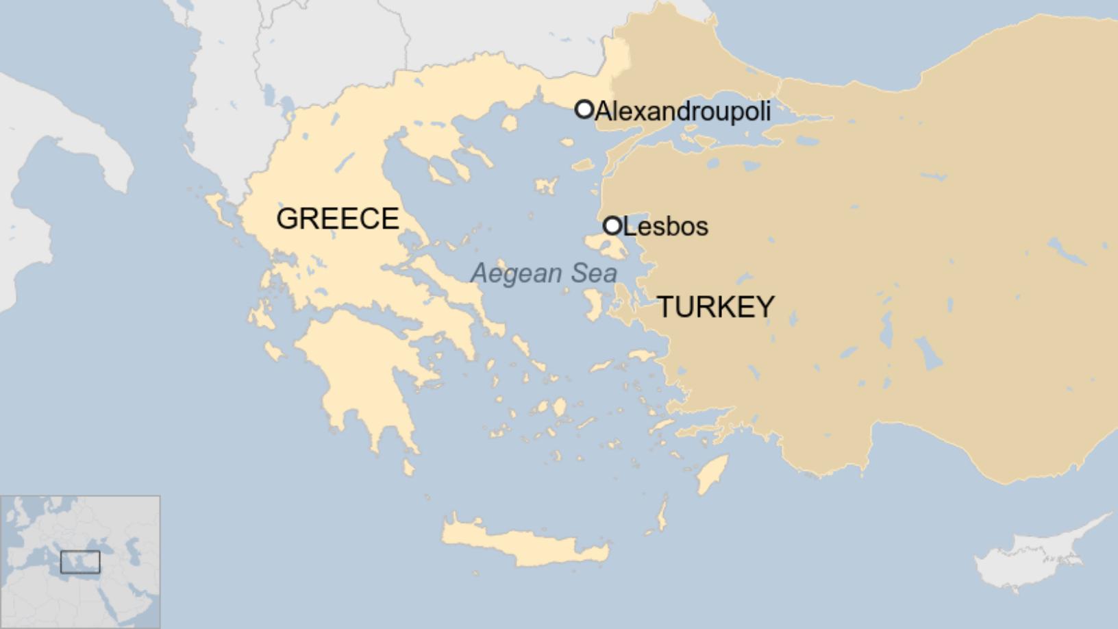 Map: Greece and Turkey with the Aegean in the middle. The land border is also visibile, with the city of Alexandroupoli highlighted