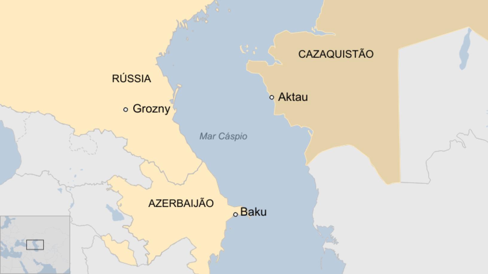 Map: Mapa mostra Baku, no Azerbaijão, de onde o avião decolou, Grozny, na Rússia, para onde se dirigia, e Aktau, no Cazaquistão, onde se acidentou