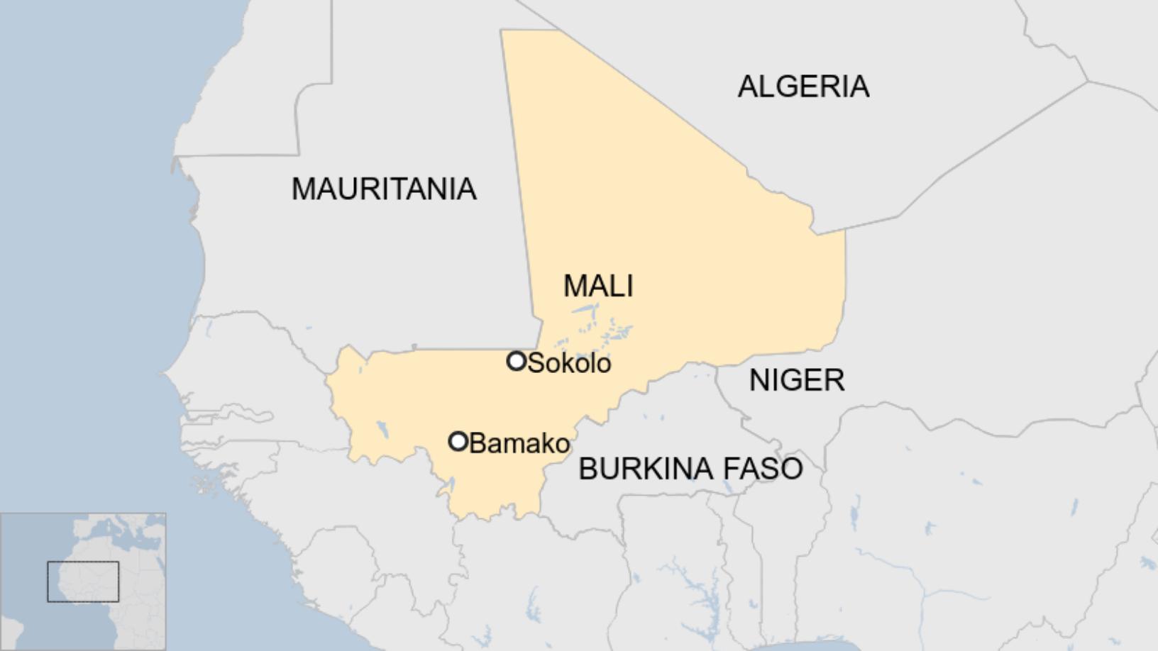 Map: Map showing Mali, with Sokolo, the site of an attack on soldiers by suspected militants