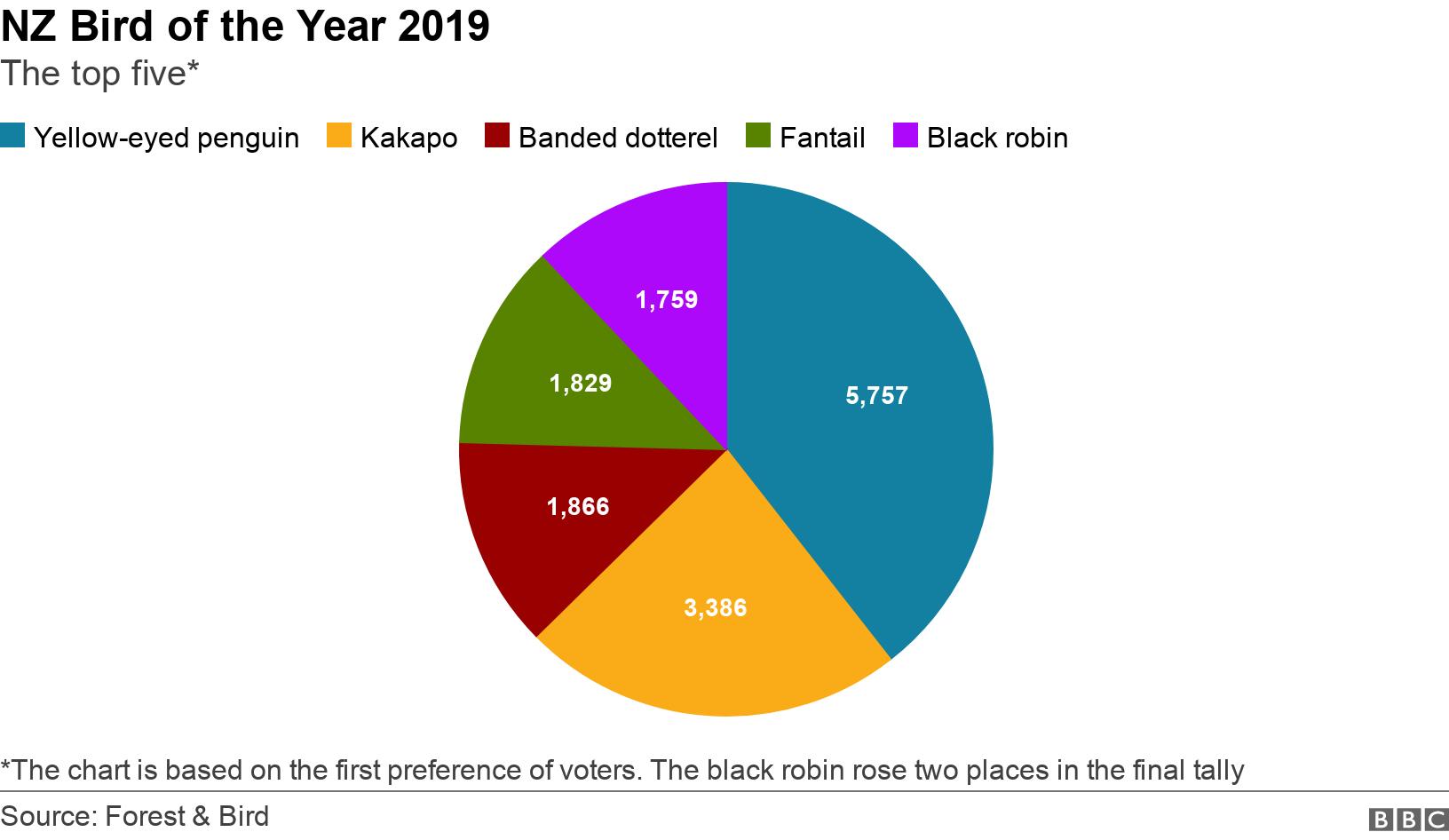 NZ Bird of the Year 2019. The top five*. A pie chart showing what bird voters chose as their first preference in a bird of the year poll in New Zealand. *The chart is based on the first preference of voters. The black robin rose two places in the final tally.