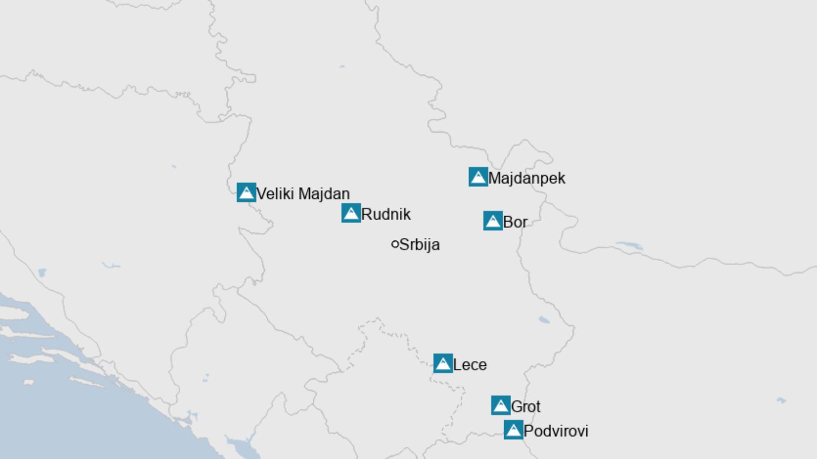 Map: Aktivni rudnici metala u Srbiji 