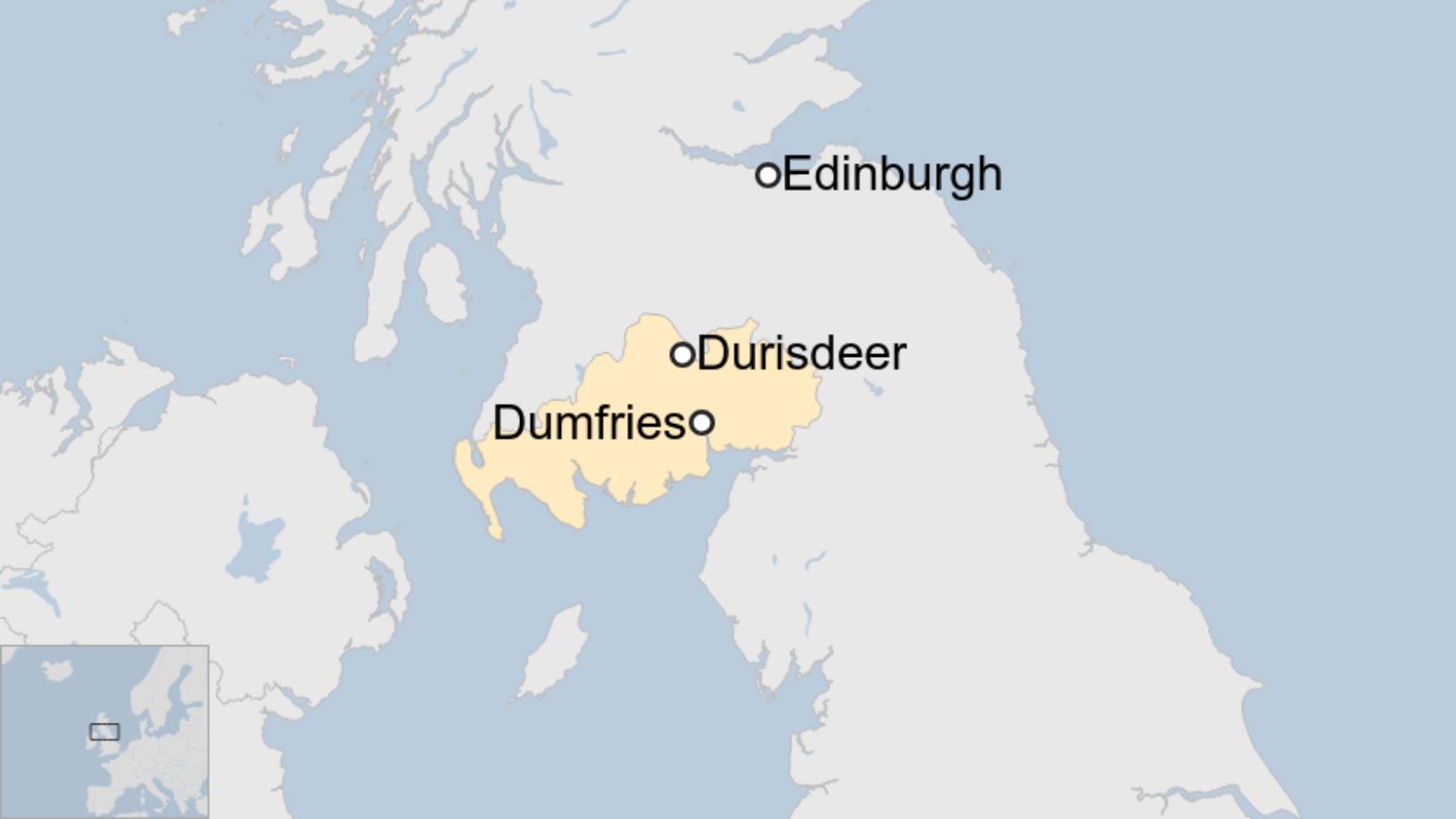 Map: Map showing Durisdeer in relation to Dumfries and Edinburgh
