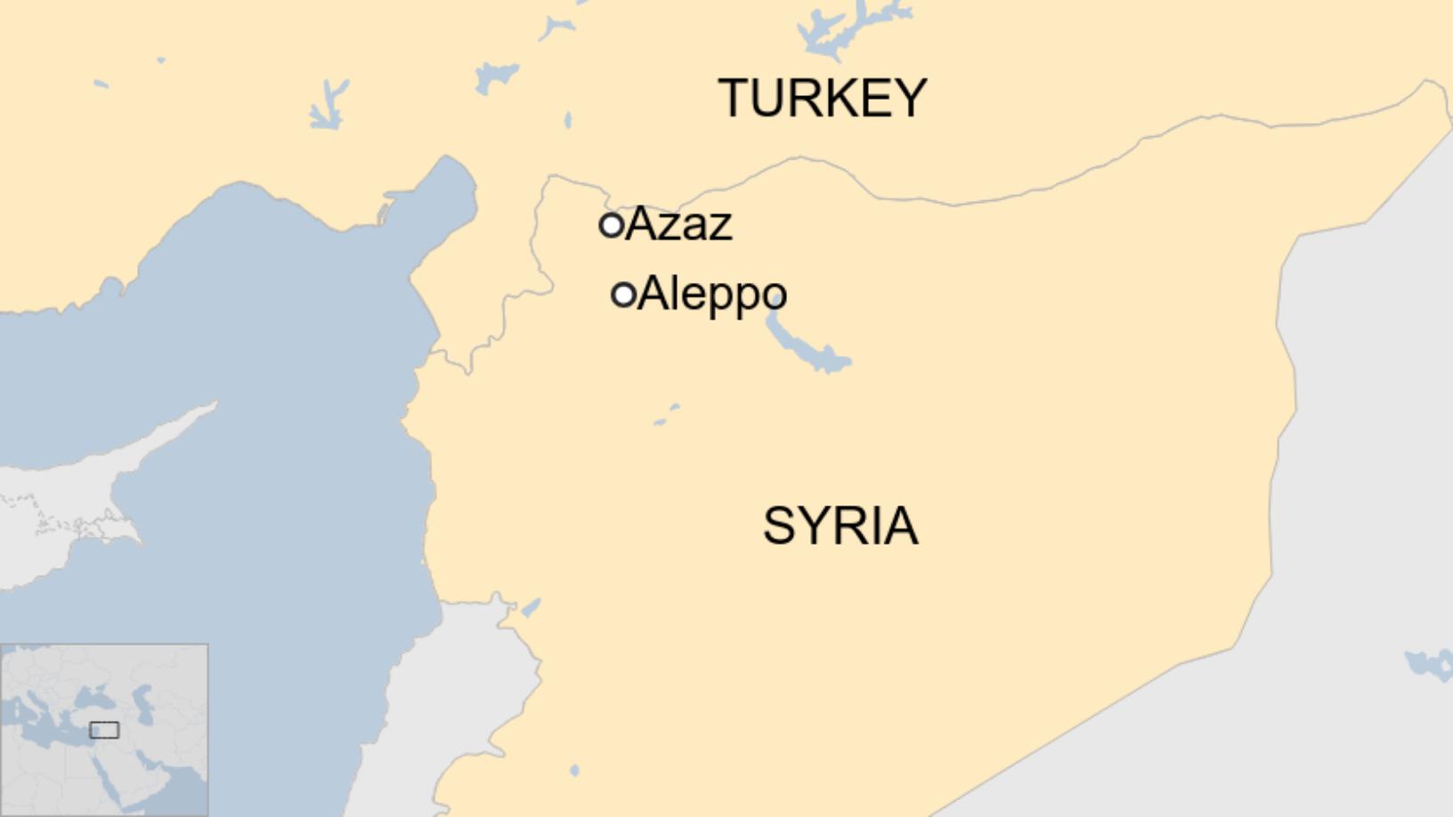 Map: A map showing where Azaz and Aleppo are in Syria