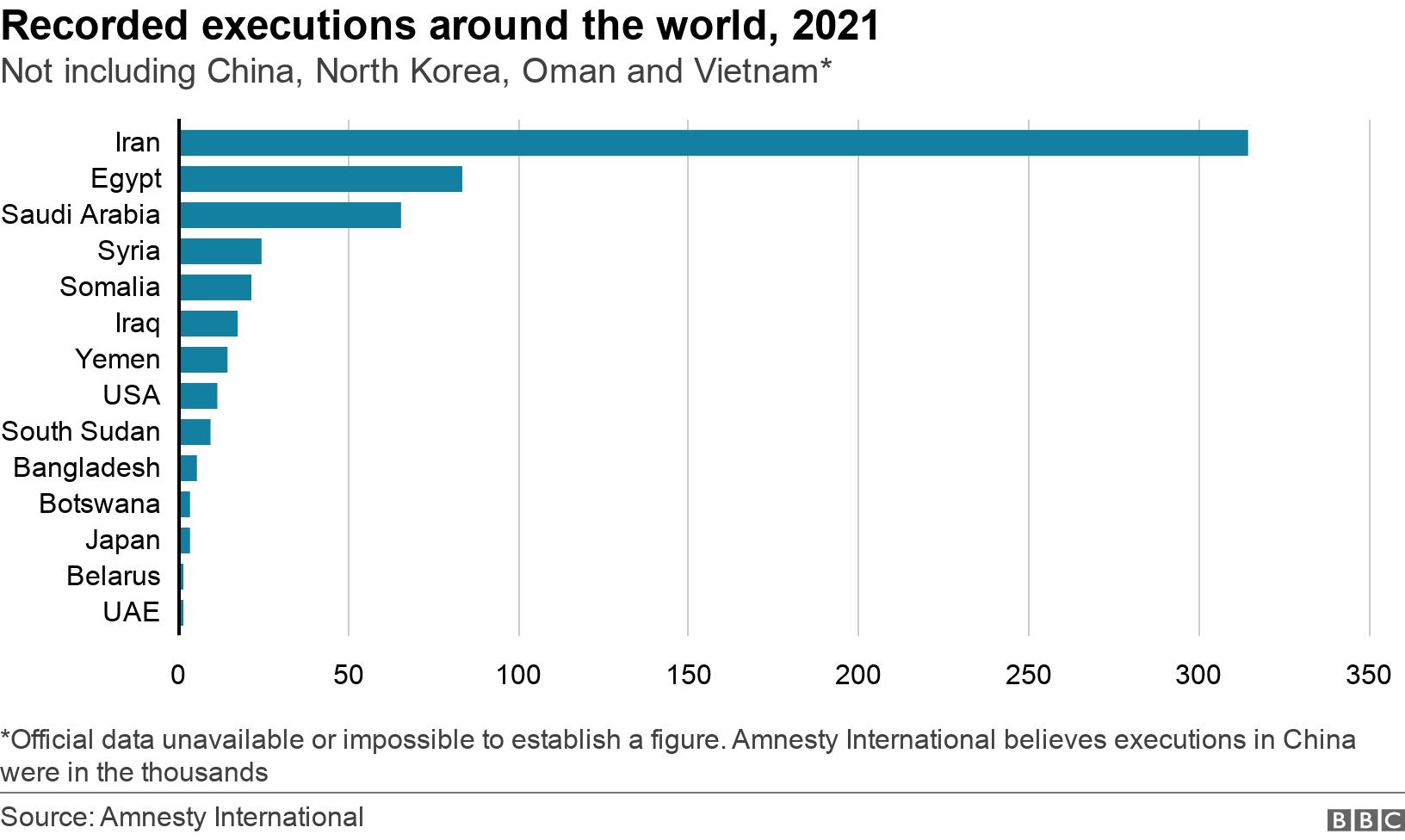 Recorded executions around the world, 2021. Not including China, North Korea, Oman and Vietnam*.  *Official data unavailable or impossible to establish a figure. Amnesty International believes executions in China were in the thousands.
