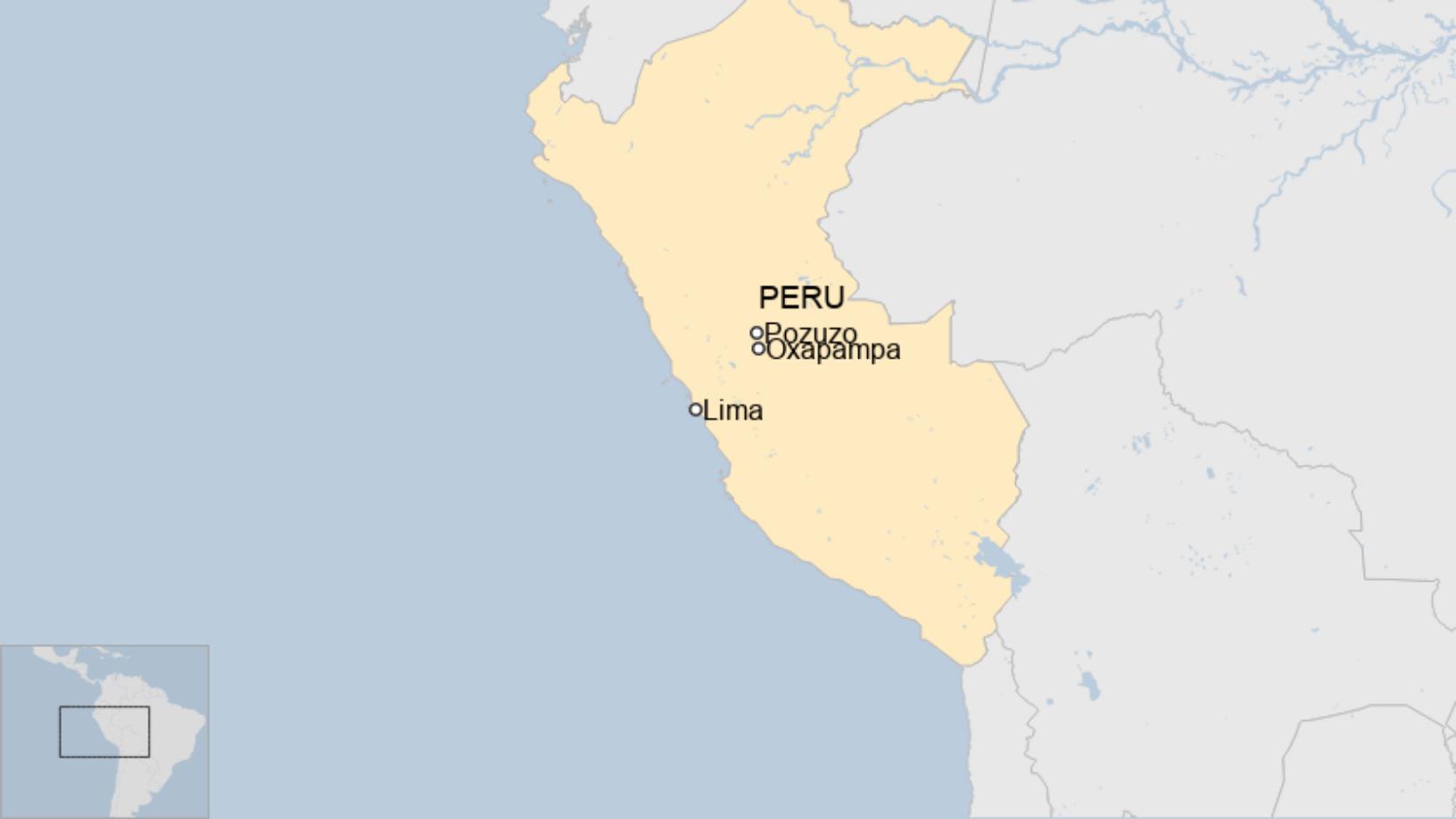 Map: Ubicación en el mapa de Perú de Lima, Oxapampa y Pozuzo. 
