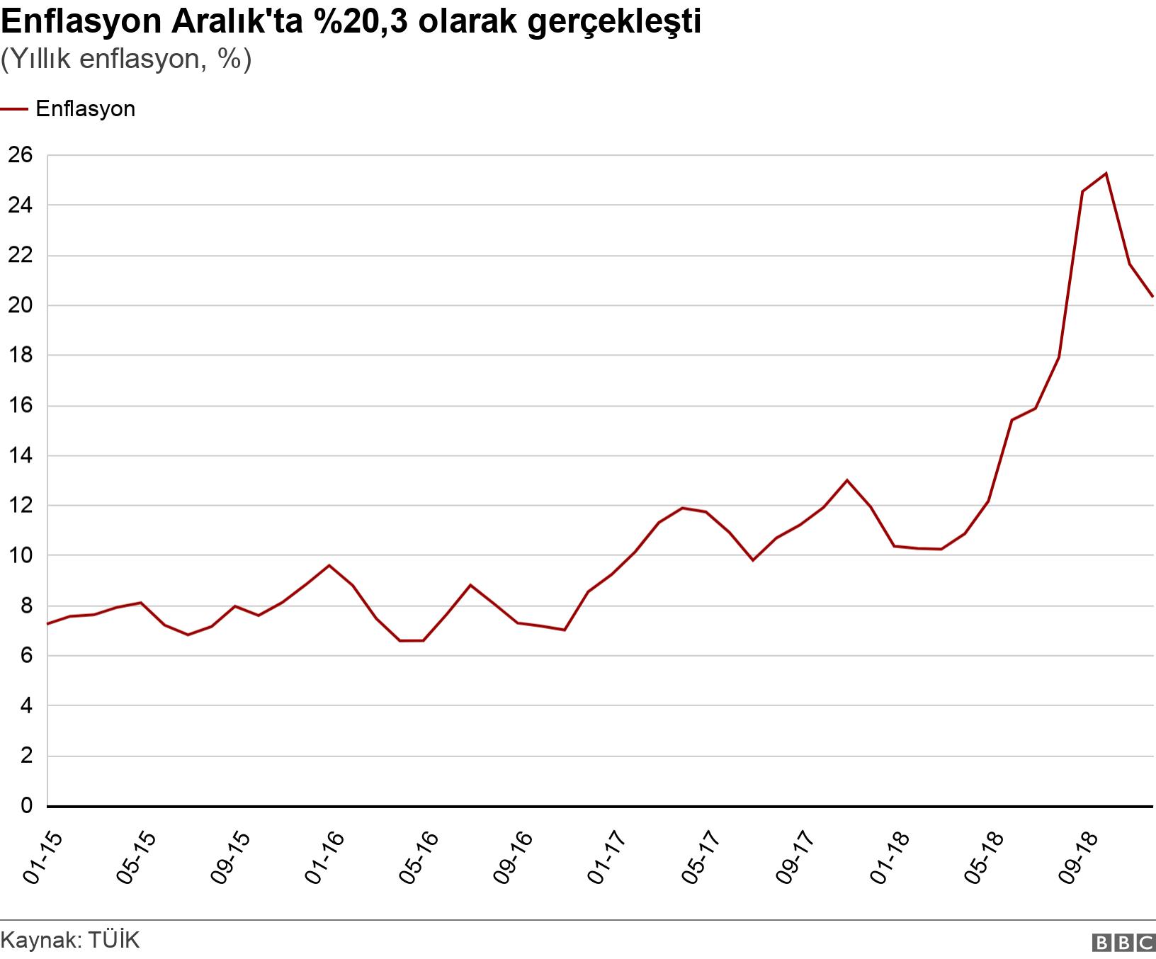 Enflasyon Aralık'ta %20,3 olarak gerçekleşti. (Yıllık enflasyon, %). .