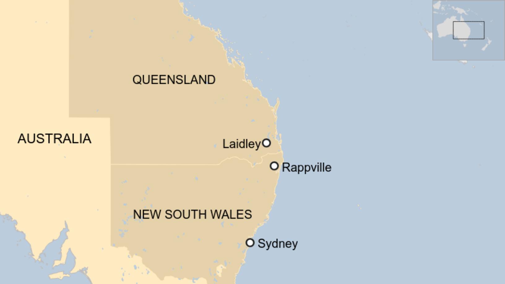 Map: Map showing parts of New South Wales and Queensland affected by bushfire.