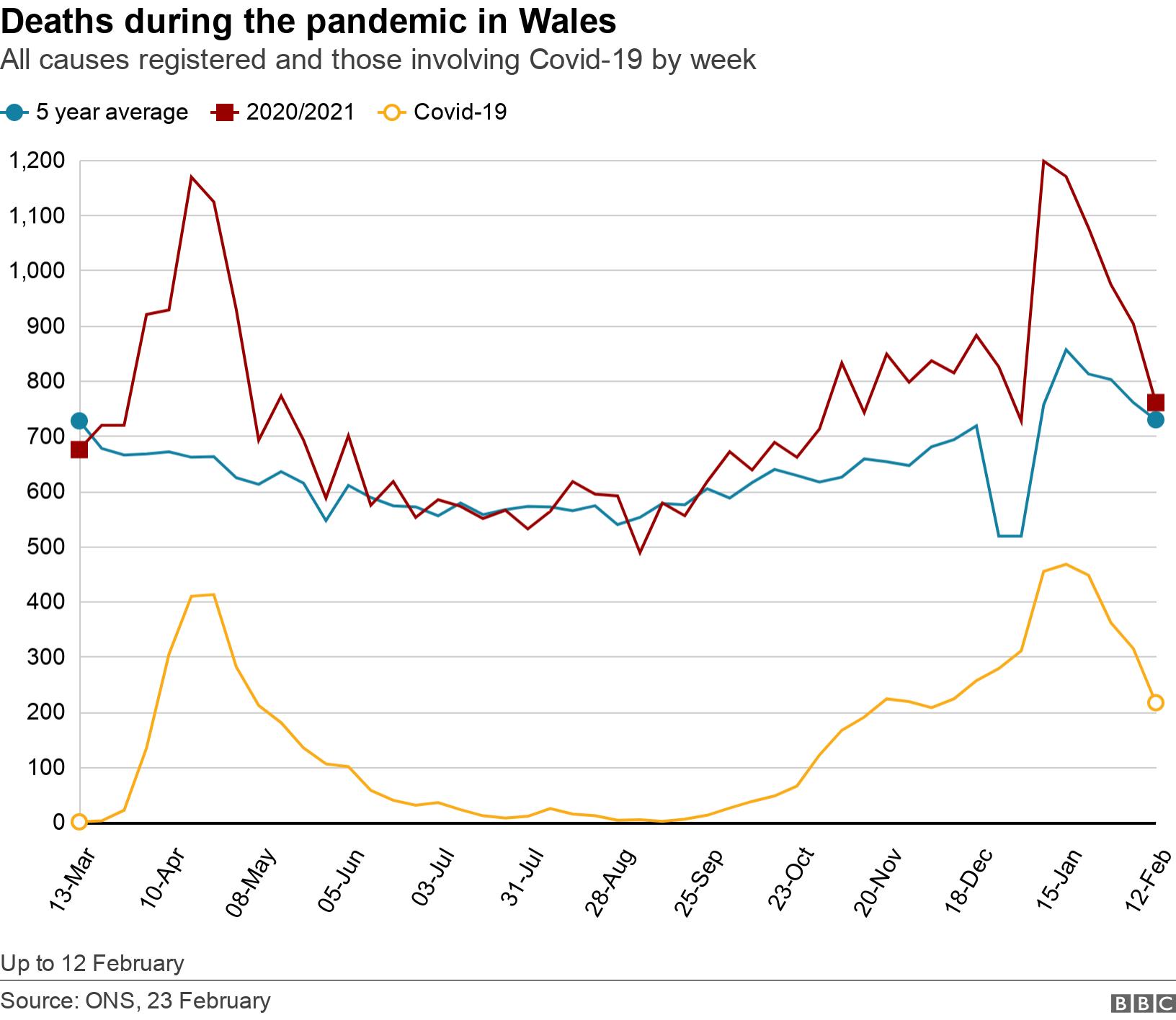Deaths during the pandemic in Wales. All causes registered and those involving Covid-19 by week.  Up to 12 February.