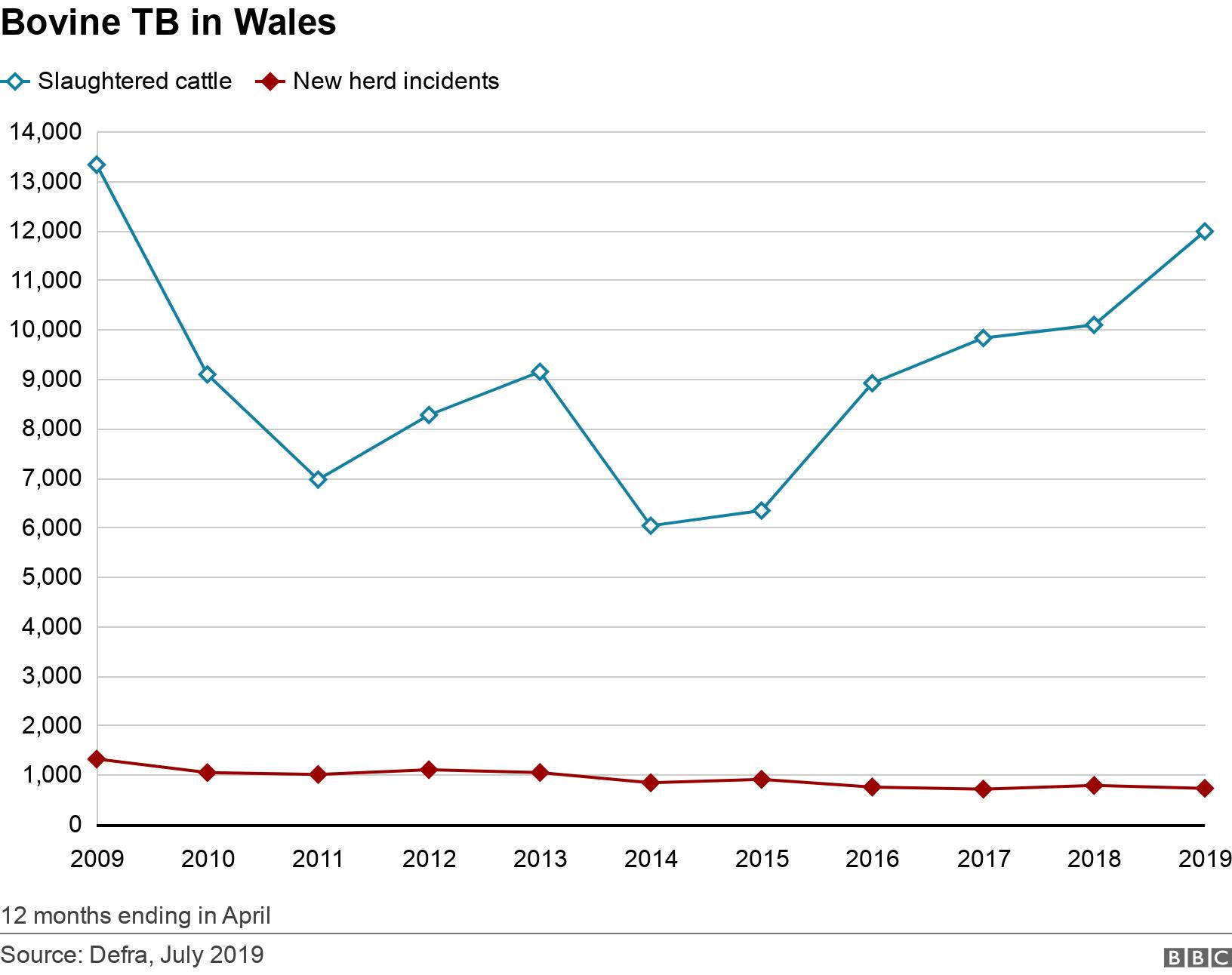 Bovine TB in Wales. .  12 months ending in April.