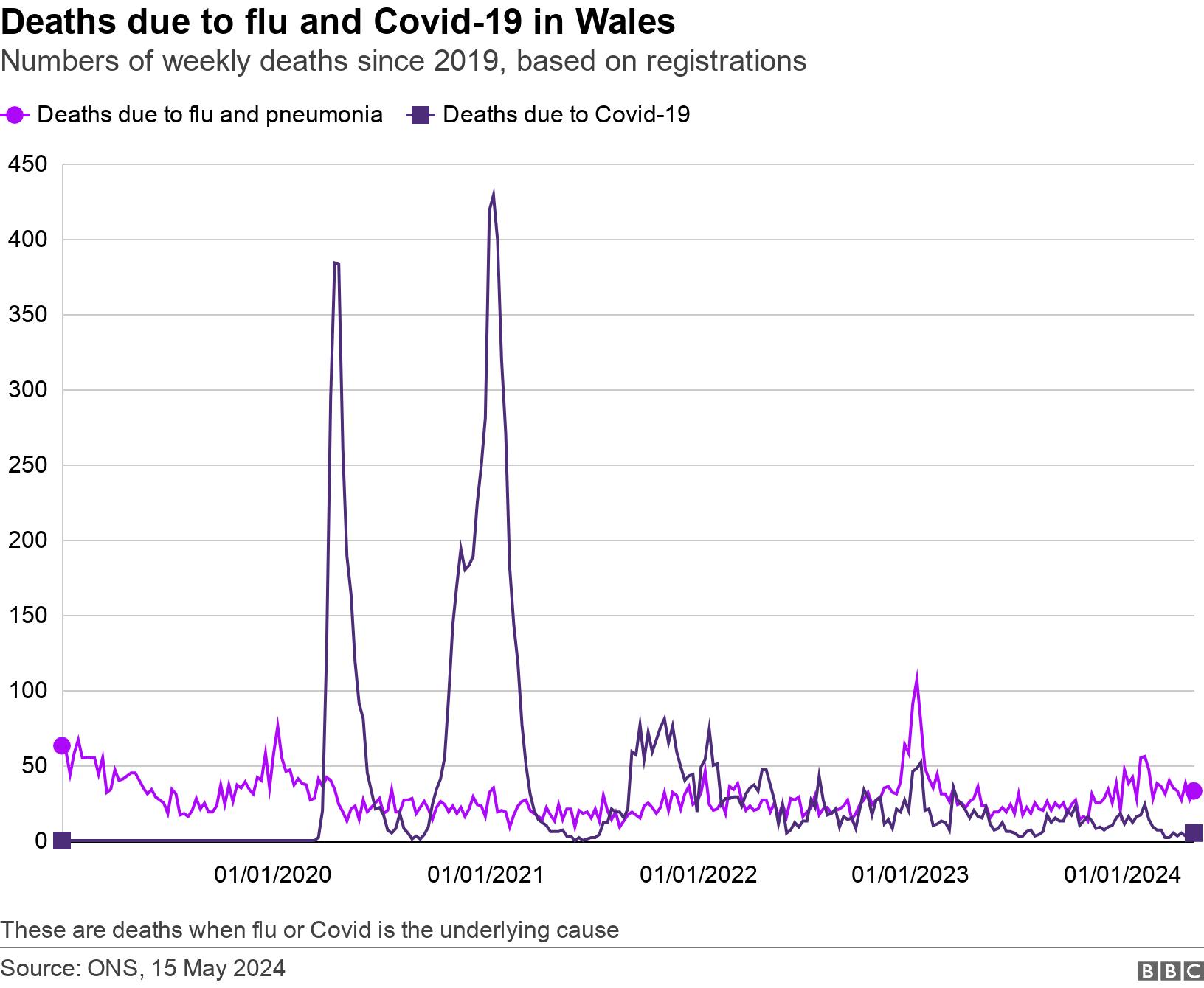 Deaths due to flu and Covid-19 in Wales. Numbers of weekly deaths since 2019, based on registrations.  These are deaths when flu or Covid is the underlying cause.