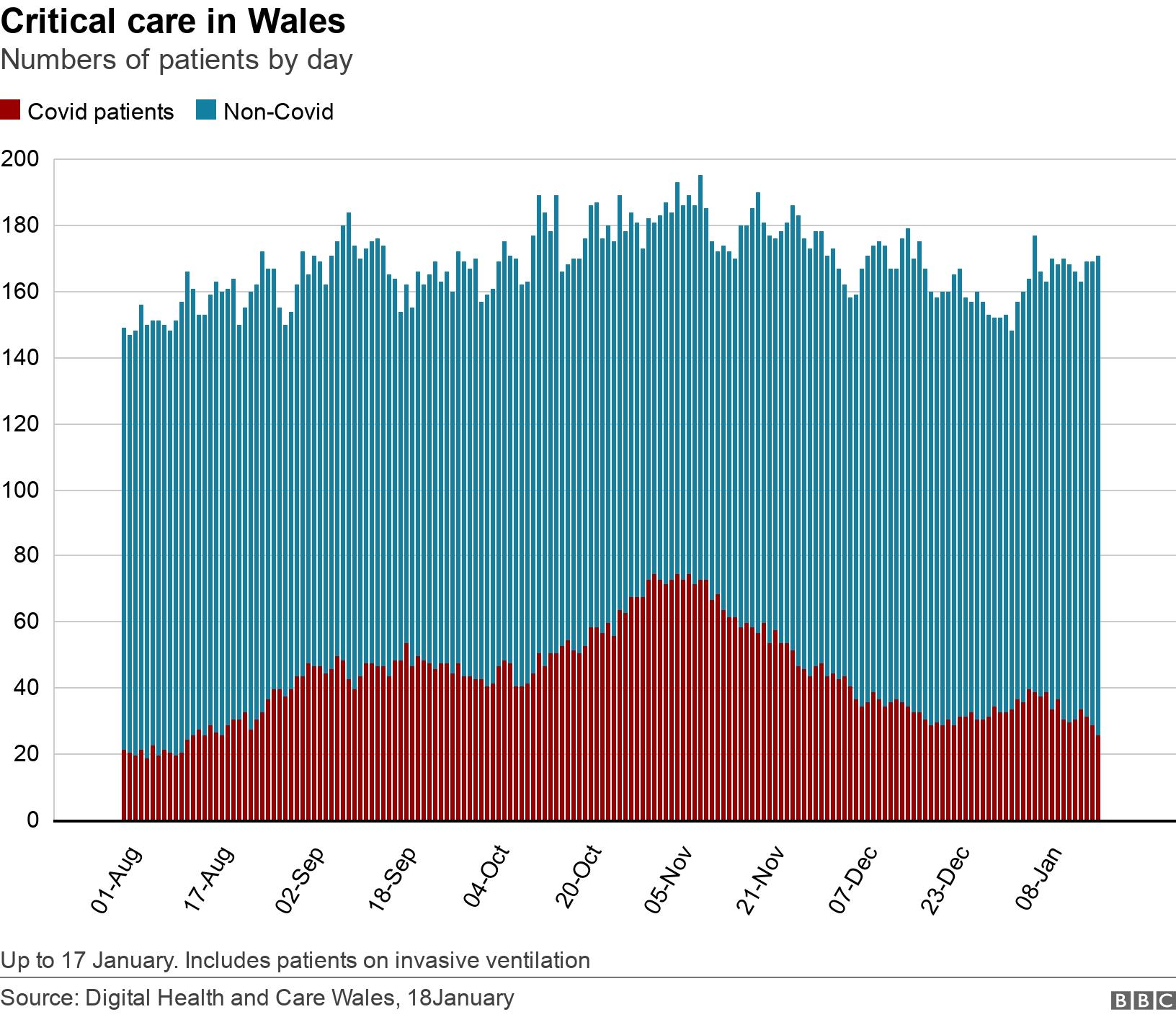 Critical care in Wales. Numbers of patients by day.  Up to 17 January. Includes patients on invasive ventilation.