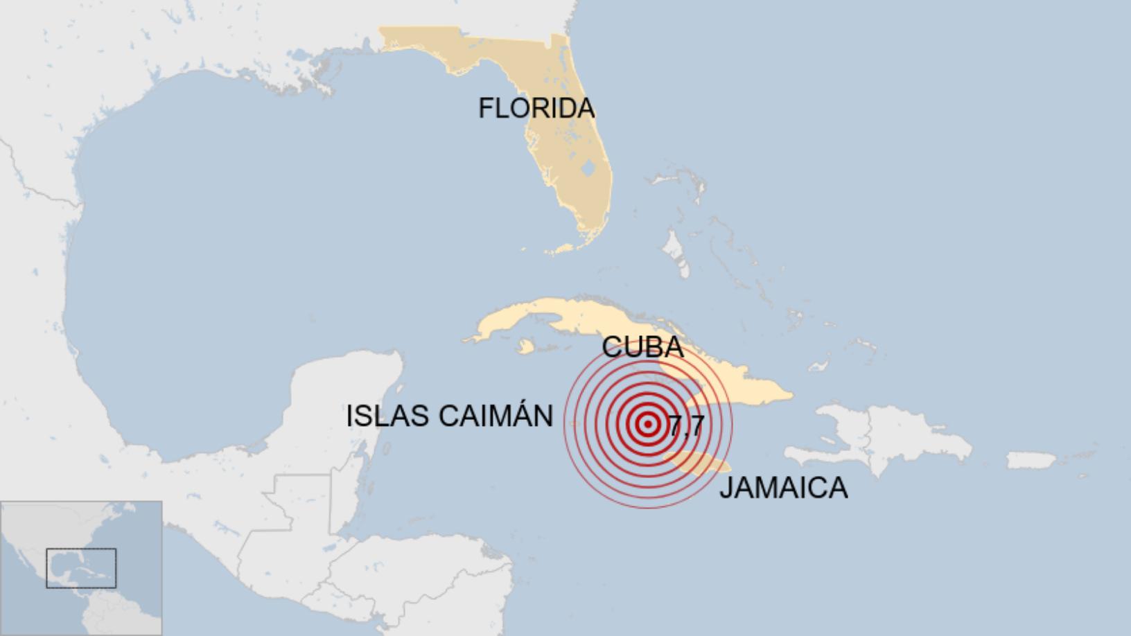 Map: Terremoto de 7,7 frente a Cuba y Jamaica. 