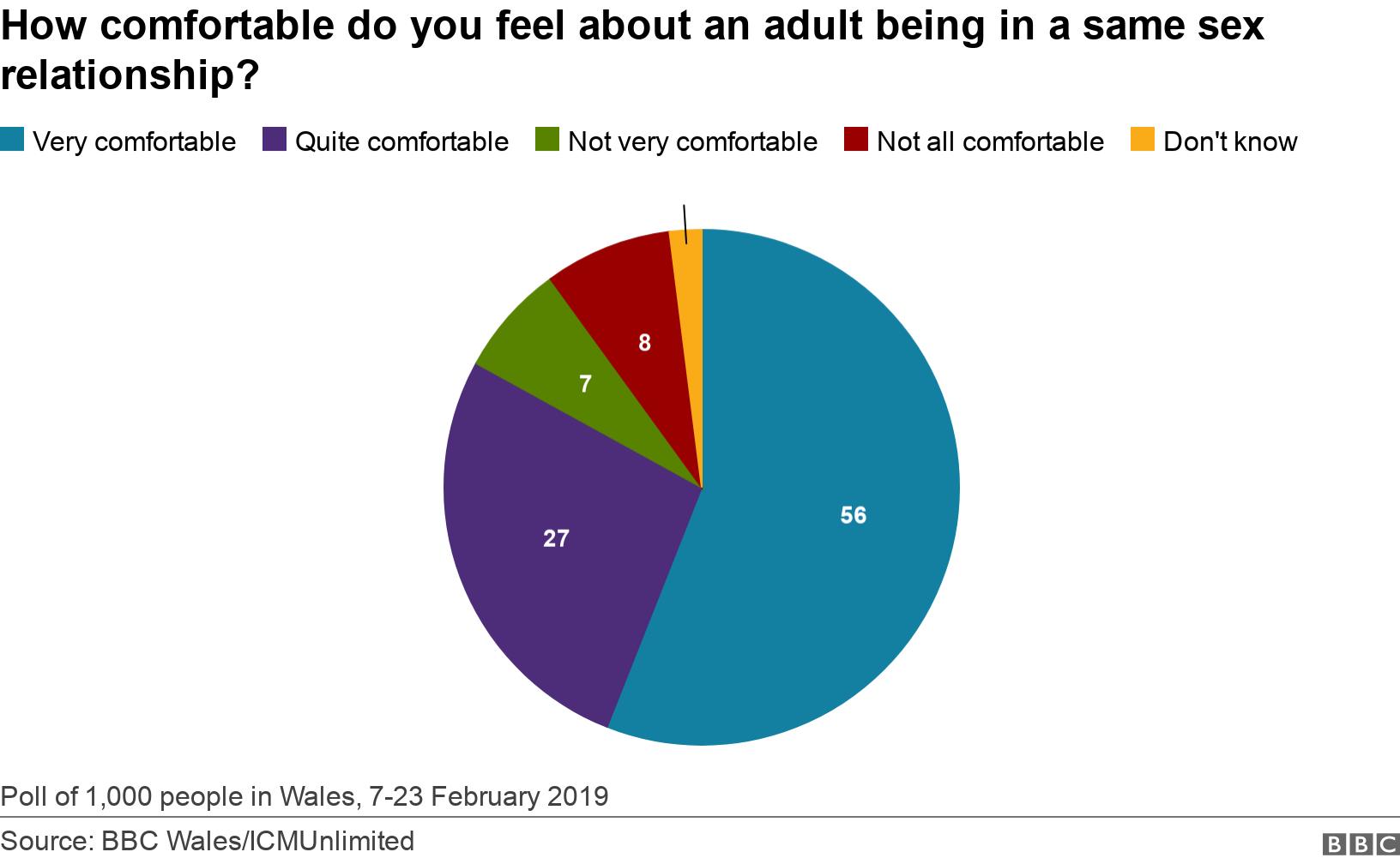 How comfortable do you feel about an adult being in a same sex relationship?. .  Poll of 1,000 people in Wales, 7-23 February 2019.
