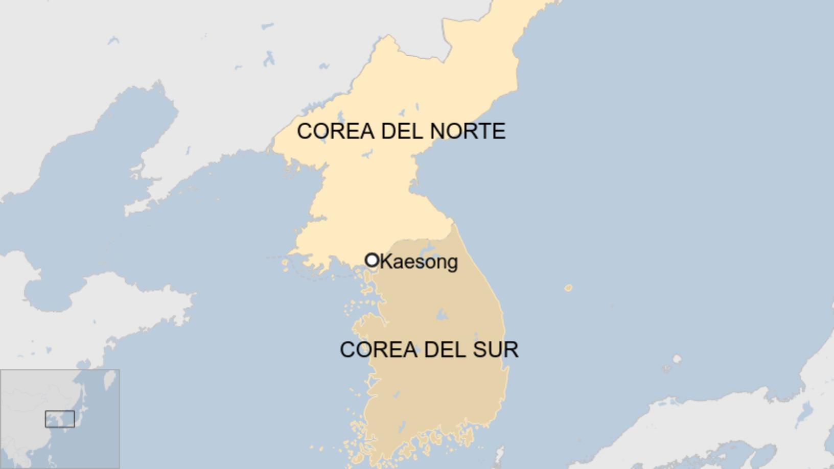 Map: Frontera entre Corea del Norte y Corea del Sur, con la ciudad de Kaesong marcada. 