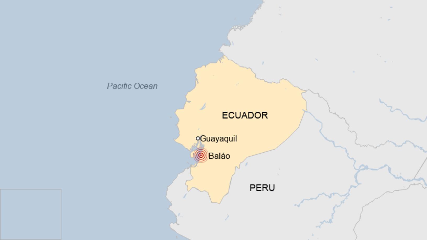 Map: Map of Ecuador showing location of the earthquake near Balao, around 50 miles south of the city of Guayaquil.