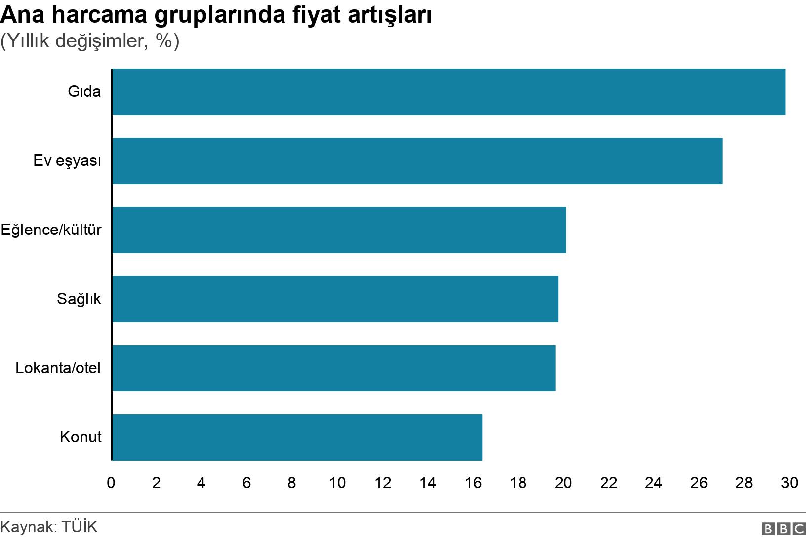 Ana harcama gruplarında fiyat artışları. (Yıllık değişimler, %). .