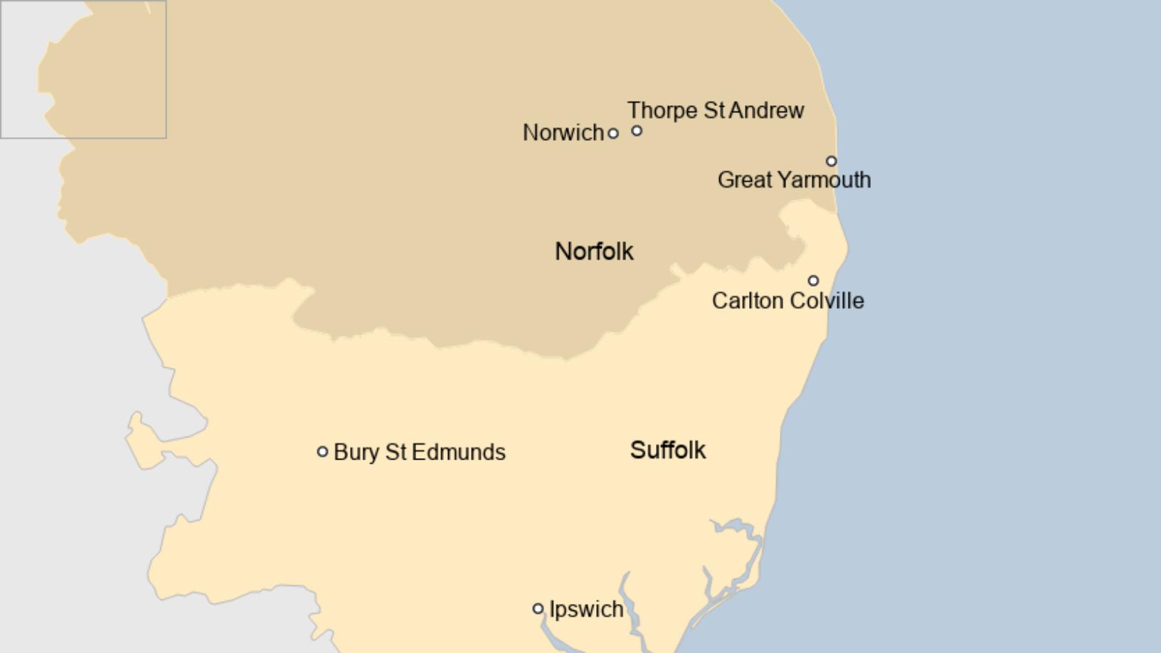 Map: Map showing the locations of the various in-patient units run by the Norfolk and Suffolk Foundation Trust