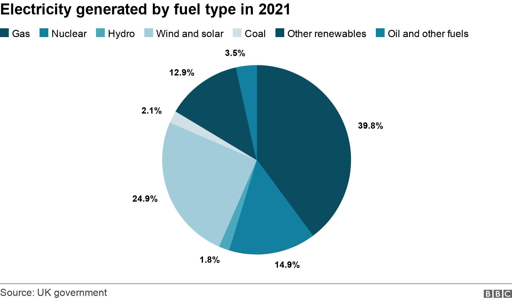 Electricity generated by fuel type in 2021. . Electricity generated by fuel type in 2021, according to government figures. .