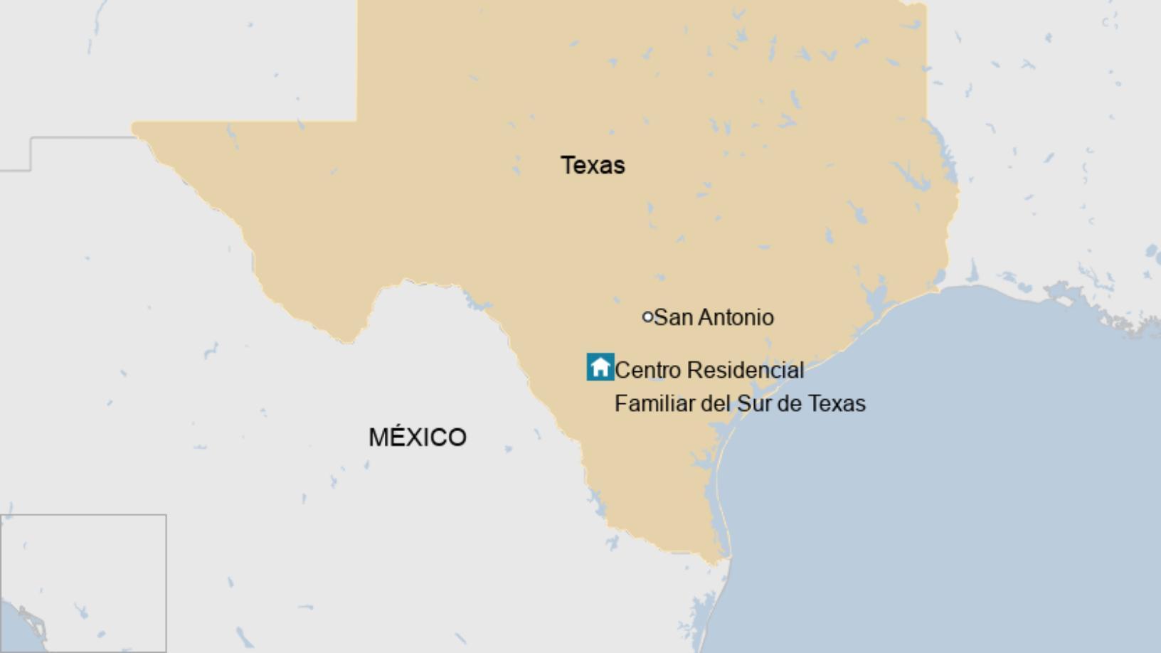 Map: El Centro Residencial Familiar del Sur de Texas en el estado de Texas y cerca de la frontera con México.