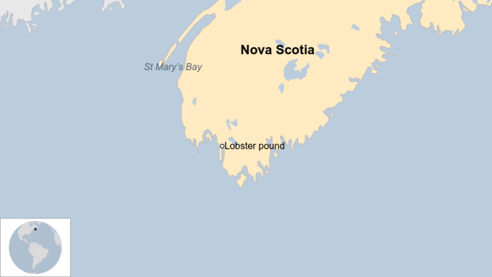 Map: Locations of the lobster pound and St Mary's Bay in Nova Scotia.