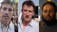 Composite image of the three US hostages -(from left) James Foley, Abdul-Rahman Kassig and Steven Sotloff