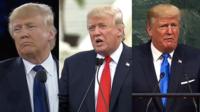 Three shots of Trump speaking on the Iran deal
