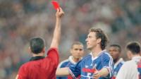 France defender Laurent Blanc is shown a red card against Croatia in 1998