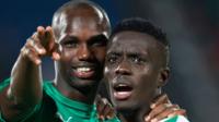 Les Sénégalais Moussa Konate Sénégal (à gauche) et Idrissa Gana Gueye après la victoire sur le Bénin, le 10 juillet 2019 en Egypte.