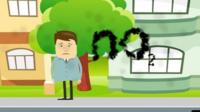 Cartoon-style illustration depicts man surrounded by pollution