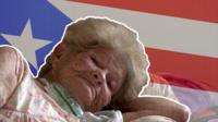 A stylized image of an elderly woman in bed with the Puerto Rican flag behind her