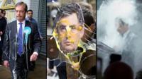 Nigel Farage covered in milkshake, a mask of Gordon Brown having an egg thrown at it, and Francois Hollande being hit by flour