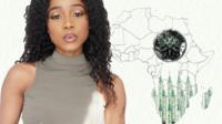 BBC reporter Joice Etutu in front of map of Africa with a floating covid-19 virus graphic