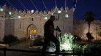 Israeli police outside the Old City of Jerusalem after a policewoman was killed (16 June)