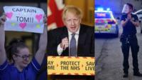 Montage of nurse, Boris Johnson and police officer
