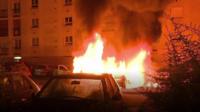 A car engulfed by a blaze in Nantes