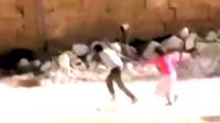 Boy and girl running for cover