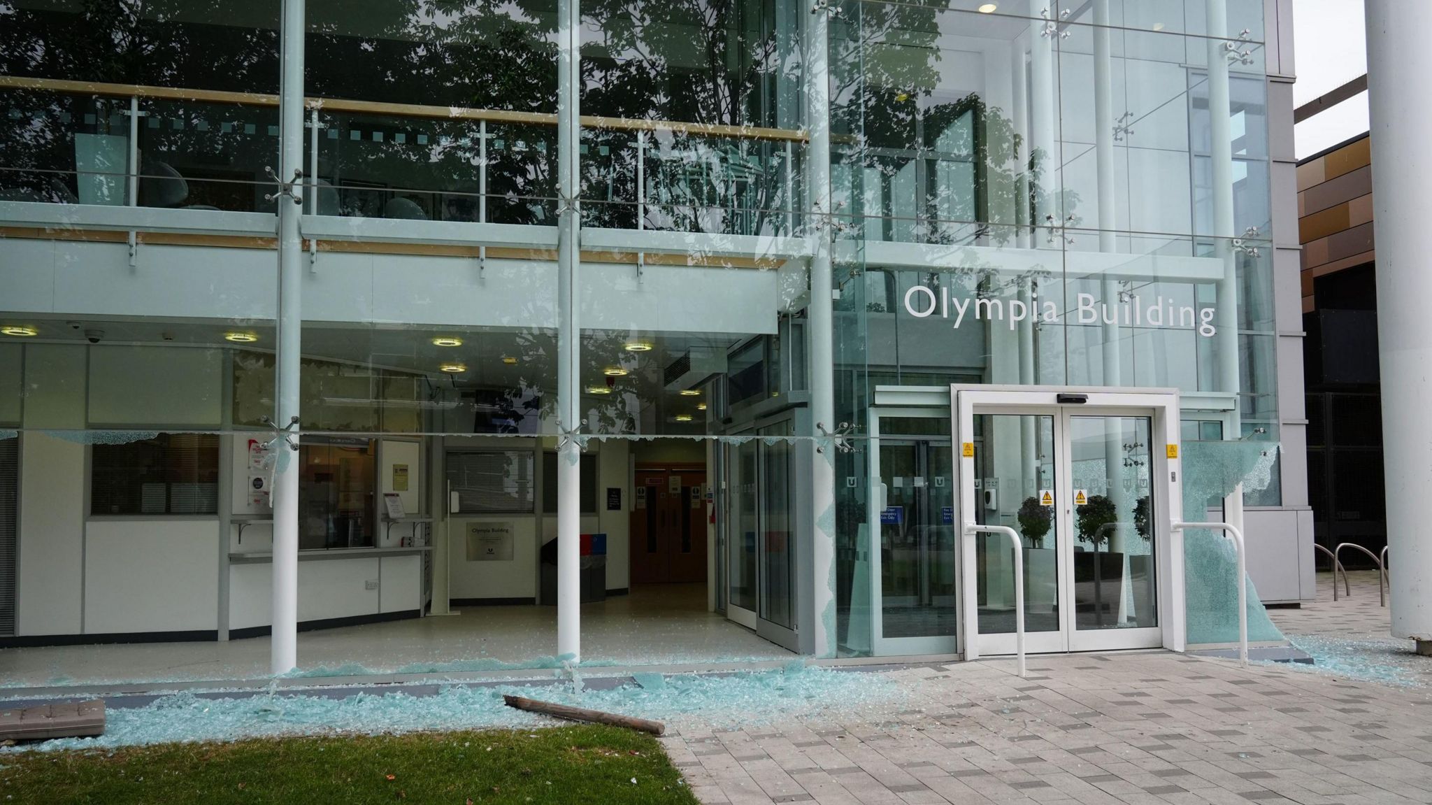 Shattered windows of Teesside University's Olympia Building 