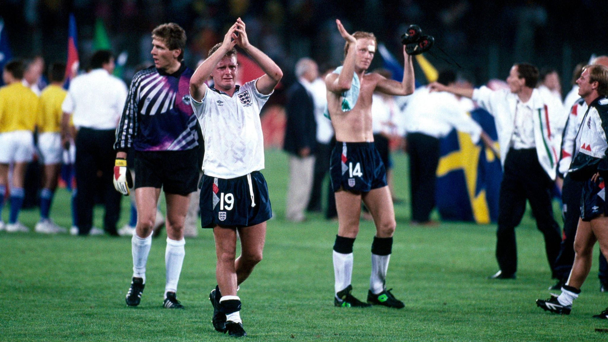 Paul Gascoigne cries and claps the England fans after they exit the 1990 World Cup against West Germany